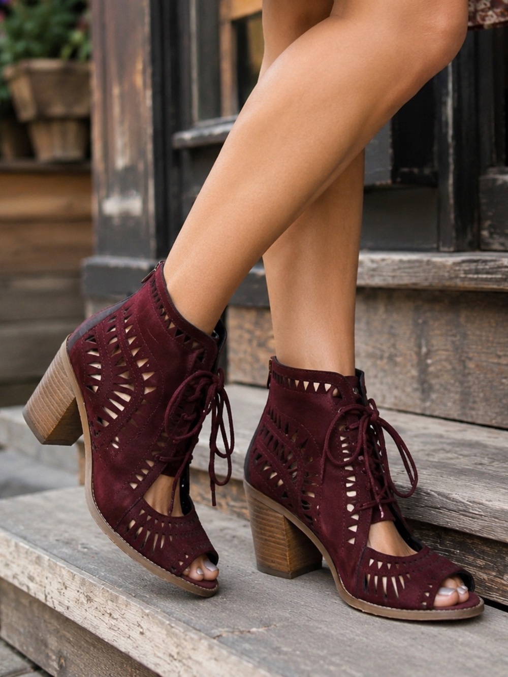Vince Camuto Burgundy Suede Laser Cut Lace-Up Peep Toe Block Heel Booties, 9